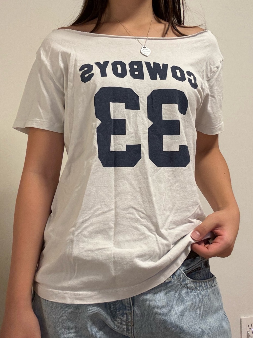 Brandy Melville Grey/White Cowboys 33 Off The Shoulder Graphic Tee